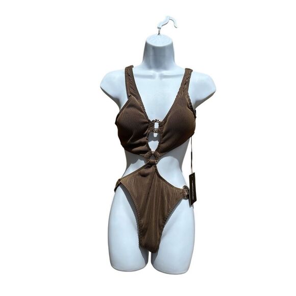 Prettylittlething Sexy Brown Rib Ring One Piece Size 10 - Picture 1 of 9